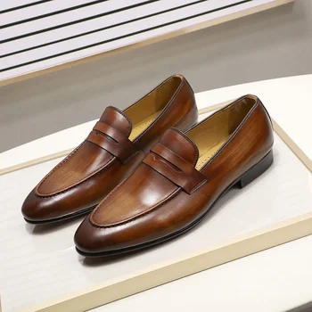 Мужские мокасины, Мягкие высококачественные мужские лоферы, итальянская официальная деловая обувь ручной работы из натуральной кожи, модельные туфли без застежек