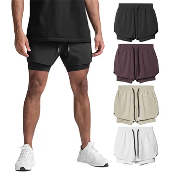 Мужские спортивные повседневные шорты, двухслойные однотонные однотонные короткие штаны с завязками на талии, шорты для фитнеса от пота