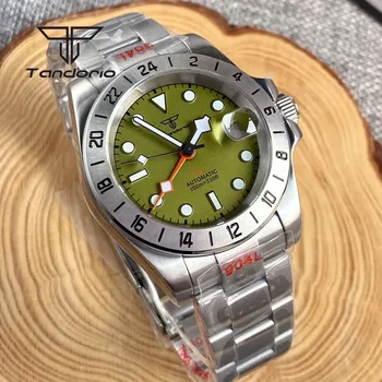 Мужские часы Tandorio 39 мм NH34A Функция Movt GMT Мужские Автоматические Часы Сапфировое Стекло Зеленый Циферблат Дата Механические Наручные Часы