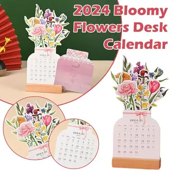 Настольный календарь с цветущим цветком на 2024 год с деревянной основой, тип карточки, 12 месяцев с января по декабрь, Украшение для настольного календаря, 1 шт.