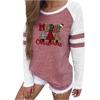 Новая женская футболка с принтом Рождественской елки, Рождественский повседневный стиль, Одежда в полоску с круглым вырезом, топ с длинным рукавом, Футболка, блузка