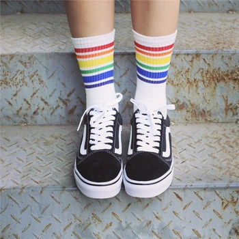 Носки Harajuku Cool Skateborad Art в радужную полоску, Модные Мягкие хлопковые носки Хипстерского цвета Sokken Dropship