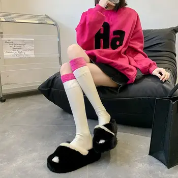 Носки для телят Y2k Женские носки для телят Double Luo Mouth Color-block, Корейская версия, Уличная мода, хлопковые носки Harajuku с ворсом