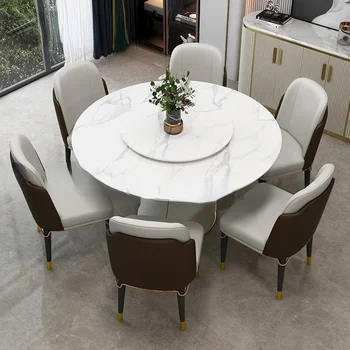 Обеденный круглый стол из итальянского мрамора с поворотным столом, Домашняя креативная мебель для гостиной, Комбинированная мебель для виллы