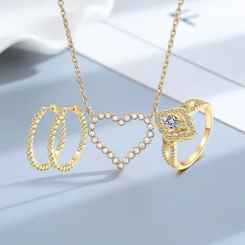 Обручальное кольцо из стерлингового серебра 925 Пробы в форме сердца, Женское ожерелье золотого цвета, Серьги, Кольца, Наборы ювелирных украшений