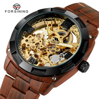 Оригинальные Брендовые Часы FORSINING 207A, мужские Роскошные мужские часы с автоматическим механическим скелетом, Красновато-коричневые Часы из нержавеющей стали