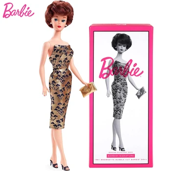 Оригинальные куклы Barbie Signature 1961 Brownette Bubble Cut, золотое изящное платье без бретелек, коллекция игрушек для девочек из шелкового камня