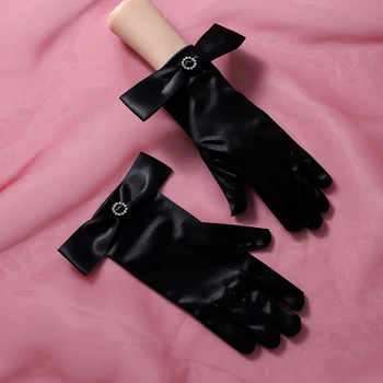 Оригинальные черные атласные перчатки ручной работы с бантом, винтажные свадебные перчатки, свадебное платье, аксессуары для фотосъемки