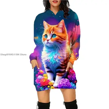 Осень-зима, Модное женское платье с капюшоном с милым котом, Повседневные универсальные толстовки в стиле ретро, повседневный пуловер, Свободный уличный свитер, топ