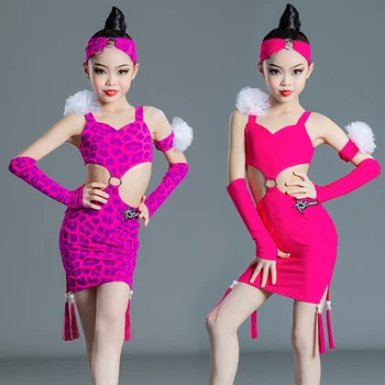 Открытое леопардовое платье для девочек, юбки, детские платья для соревнований по бальным танцам, костюмы для латиноамериканских танцев, одежда для выступлений на сцене SL6288