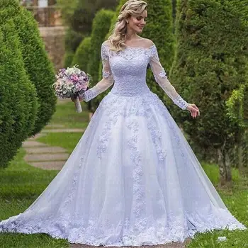 Очаровательное свадебное платье с кружевной аппликацией с открытыми плечами, бальное платье принцессы с шлейфом и длинными рукавами, свадебные платья в саду