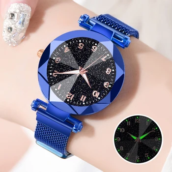Персонализируйте Синие Часы Женская Мода Светящиеся Стрелки Часы Со Звездным Небом Женские Кварцевые Стальные Сетчатые Часы С Магнитом Reloj Mujer