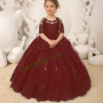 Платье для девочки в цветочек, тюлевое кружевное платье с длинным рукавом и бантом с блестками, детское платье для свадьбы, дня рождения, первого причастия