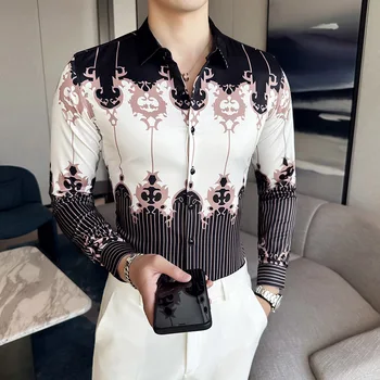 Плюс Размер 6XL-M, Роскошная Винтажная Рубашка С Принтом, Мужская Корейская Дизайнерская Рубашка С Длинным Рукавом, Светская Вечеринка, Уличная Одежда, Цветочная Рубашка Для Мужчин