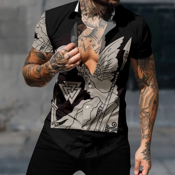 Повседневная гавайская рубашка для мужчин Y2k С коротким рукавом и рисунком валькирии, уличная одежда с 3D-принтом Harajuku, уютная пляжная одежда