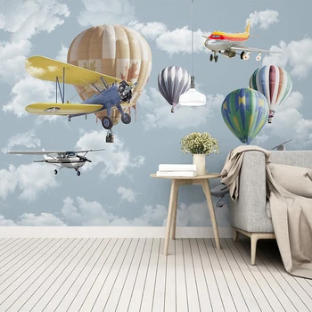 Пользовательские 3D Фотообои Мультфильм Самолет Воздушный шар Голубое небо Настенная бумага для детской комнаты Спальня Декор стен детского сада Плакат