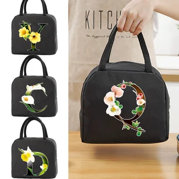 Портативная холщовая сумка для ланча с цветочным рисунком и буквами, изолированная Свежая сумка-холодильник, Термосумка для пикника, сумка для ланча для женщин и девочек