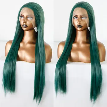 Потрясающее Темно-зеленое Прямое синтетическое 13Х4 Парики на кружеве, бесклеевые волосы из высококачественных термостойких волокон для модных женщин