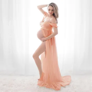 Реквизит для фотосъемки беременных Платье С коротким рукавом из прозрачной сетки с разрезом, Фотосессия с открытыми плечами, Длинные платья для беременных, Фотосессия