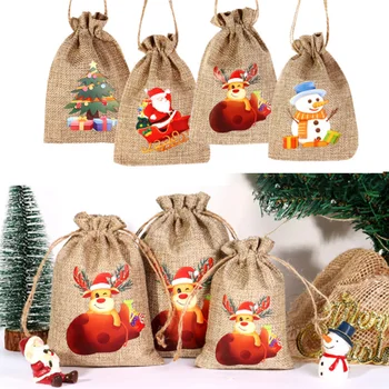 Рождественские подарочные пакеты на шнурке из джута, Льняная сумка для хранения с принтом Лося Санта-Клауса на Рождество, Новогодняя вечеринка, пакеты для упаковки конфет и подарков.