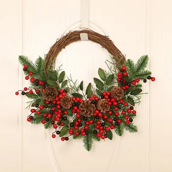 Рождественский венок из ротанга, сосновые натуральные ветки, ягоды и сосновые шишки, Рождественский венок, украшения для дверей дома на Новый год