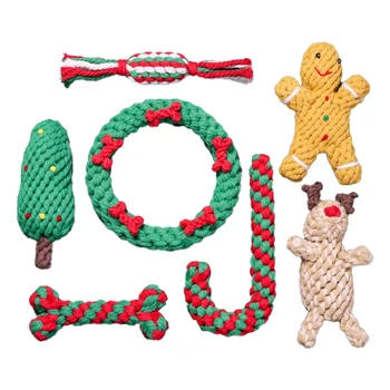Рождественский набор из 7 предметов, игрушки из хлопчатобумажной веревки для домашних животных, игрушки для чистки зубов, игрушки для собак, рождественские игрушки для обучения жеванию