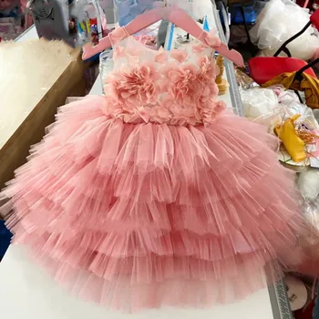 Розовое платье для новорожденных девочек, пышная пачка, 3D цветы, платье для первого причастия длиной до колен, платья для девочек в цветочек, детские платья
