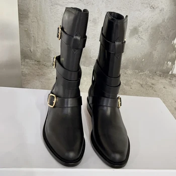 Роскошные дизайнерские женские ботинки на высококачественной платформе с черной металлической пряжкой в стиле панк, сапоги до середины икры, модная женская обувь