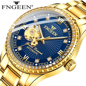 Роскошные мужские механические часы FNGEEN золотисто-синего цвета из нержавеющей стали, водонепроницаемые модные часы-скелет, Мужские Reloj Hombre
