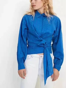 Рубашка для женщин 2023, Новая однобортная однотонная блузка с отложным воротником на шнуровке и длинным рукавом для пригородных поездок