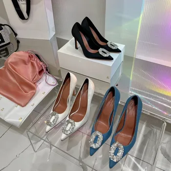 Самые удобные дизайнерские туфли-лодочки Amina Muaddi Camelia с атласным омбре, шелковые туфли-лодочки с острым носком и кристаллами, джинсовые туфли с бриллиантами