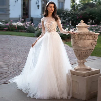 Свадебное платье с кружевным 3D цветочным рисунком, круглым вырезом и длинным рукавом, простые свадебные платья Для женщин, молния на заказ, большие размеры, Robe De mariee