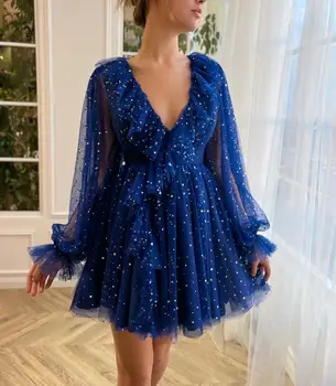 Сексуальные кружевные платья для выпускного вечера с V-образным вырезом, элегантные синие платья с пайетками, вечерние платья мини-трапециевидной формы с длинными рукавами