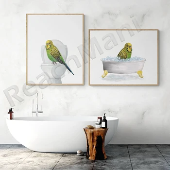 синий попугай в ванной, принт с попугаем на унитазе, рисунки на стенах в ванной с животными, мемориальная картина с птицами, плакат для любителей птиц