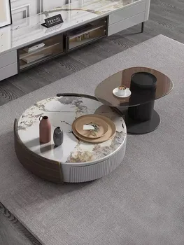 Скандинавская современная светлая роскошная гостиная, круглый журнальный столик, тумба для телевизора, простой дизайнерский чайный столик из шифера