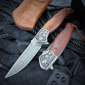 Складной карманный нож из дамасской стали с деревянной ручкой, высококачественные тактические ножи EDC, инструмент для охоты на открытом воздухе, высококачественные подарки