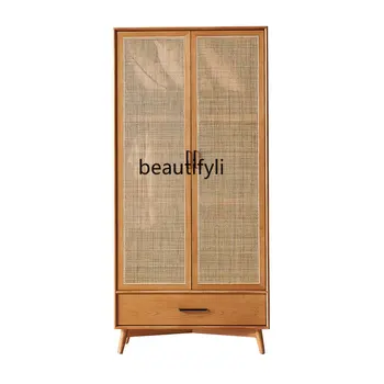 Современный минималистичный шкаф из массива дерева, домашняя спальня, двухдверный ротанговый шкаф, винтажный шкаф для хранения в стиле 