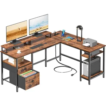 Стол для ноутбука, Реверсивный Компьютерный стол с ящиком для файлов и 2 подставками для мониторов, Геймерский стол для ПК для ноутбуков, столы для комнаты в деревенском стиле Brown66IN