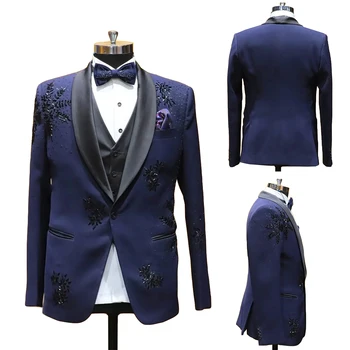 Темно-синие мужские костюмы на заказ, 2 предмета, блейзер, жилет на одной пуговице, прозрачные аппликации на лацканах, свадебные вечерние бусы, хост на заказ, большие размеры