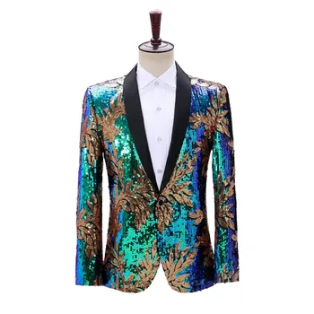 Уникальный дизайн, мужской блейзер с блестками, пиджак с фиолетовыми сине-зелеными листьями, мужской наряд с блестками для мероприятий