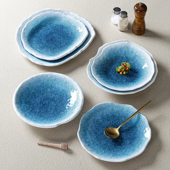 фарфоровые тарелки с имитацией голубой глазури из 1 шт., элитные рестораны, отели, коммерческая круглая посуда, кружевные тарелки для блюд западной кухни