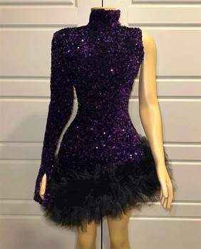 Фиолетовые короткие платья на одно плечо для выпускного вечера, черные блестящие платья для девочек на День рождения, Африканские мини-коктейльные платья для возвращения домой