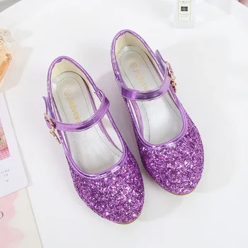Фиолетовые туфли на высоком каблуке для девочек, обувь для принцессы, КРАСНАЯ кожаная обувь, детская свадебная обувь для вечеринок, круглый носок 1-3 см