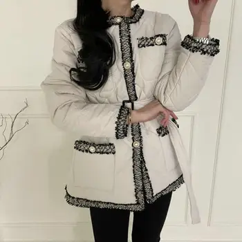 Хлопковое пальто Xiaoxiangfeng 2023, Женская свободная куртка со шнуровкой и втягиванием талии, зимние хлопчатобумажные пальто средней длины, женские
