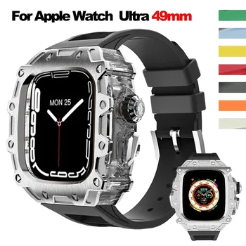 Чехол + Фторопластовый ремешок для Apple Watch Ultra2 Luxury Modification Kit С Хрустальной кнопкой Корпус из нержавеющей стали для iWatch серии 49mm